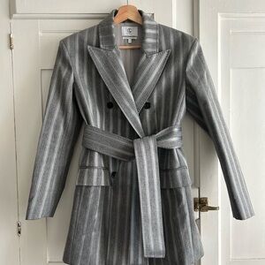 CL Studio Gray Striped Double-Breasted Belted Blazer